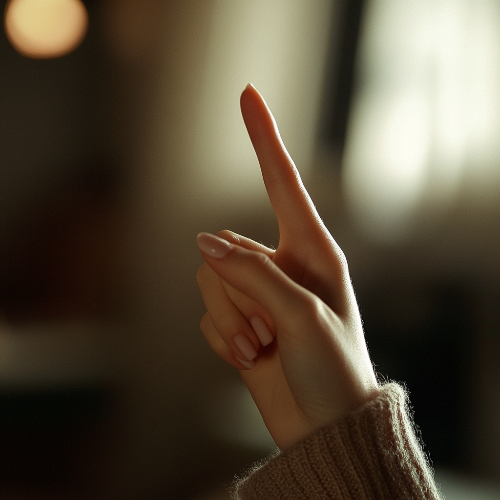 A woman holding up a finger | Source: Midjourney