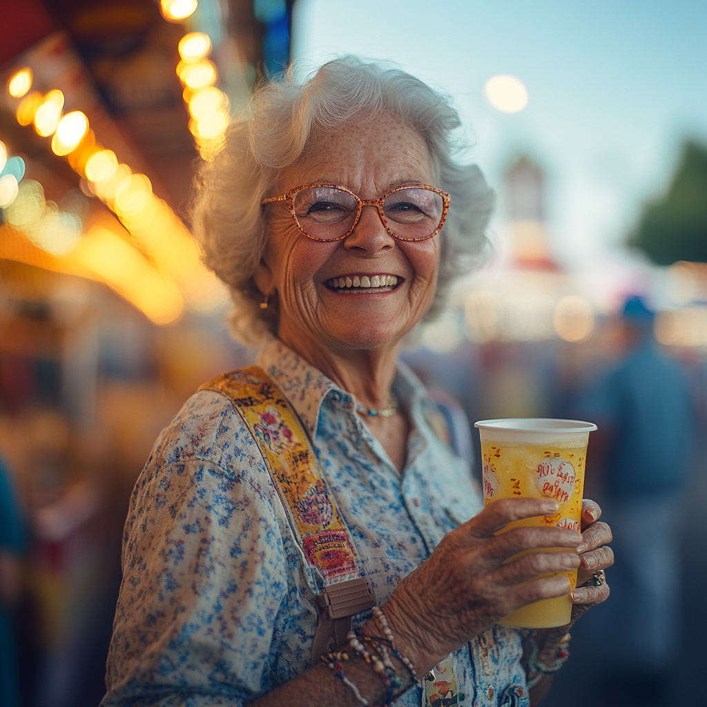 A woman laughing while holding lemonade | Source: Midjourney