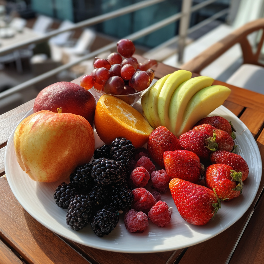 A plate of fruit on a table | Source: Midjourney