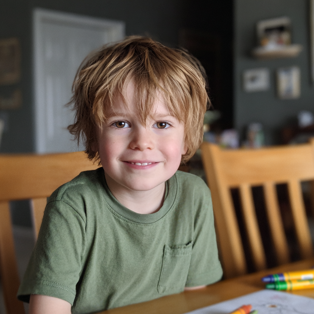 A happy little boy sitting at a table with crayons | Source: Midjourney