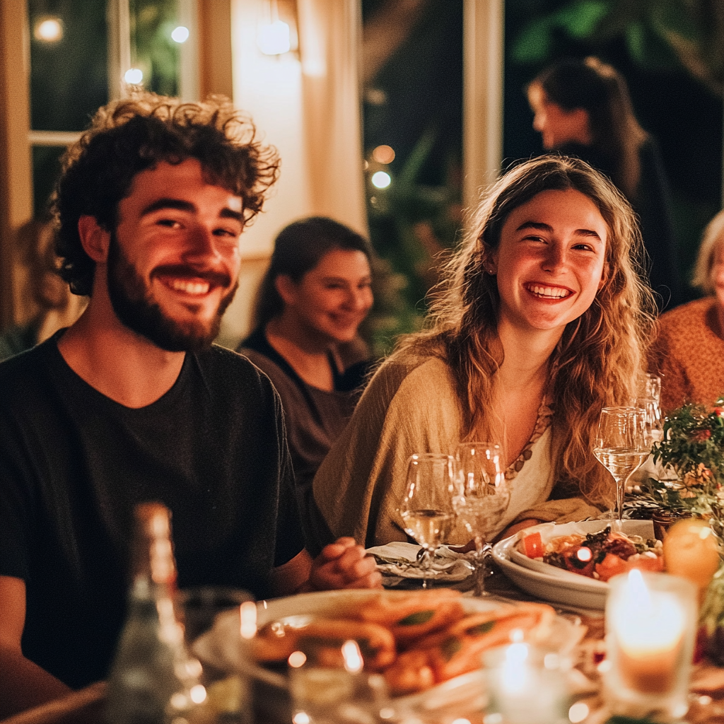 Couple seated among relatives during family dinner | Source: Midjourney