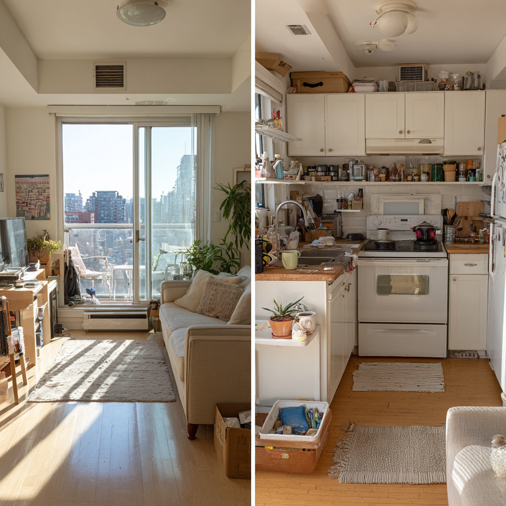 A modern and tidy apartment contrasting a more cluttered one | Source: Midjourney