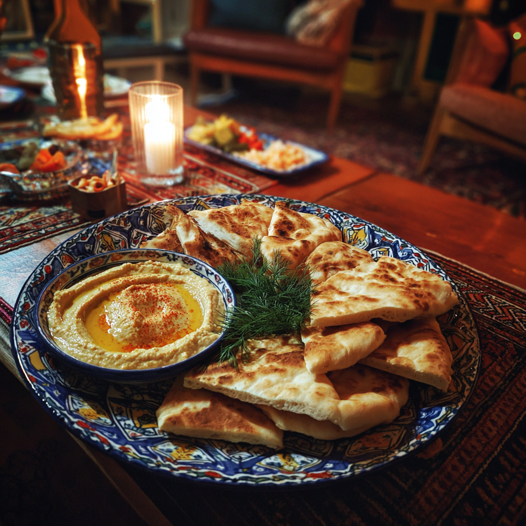A platter of pita and hummus on a table | Source: Midjourney