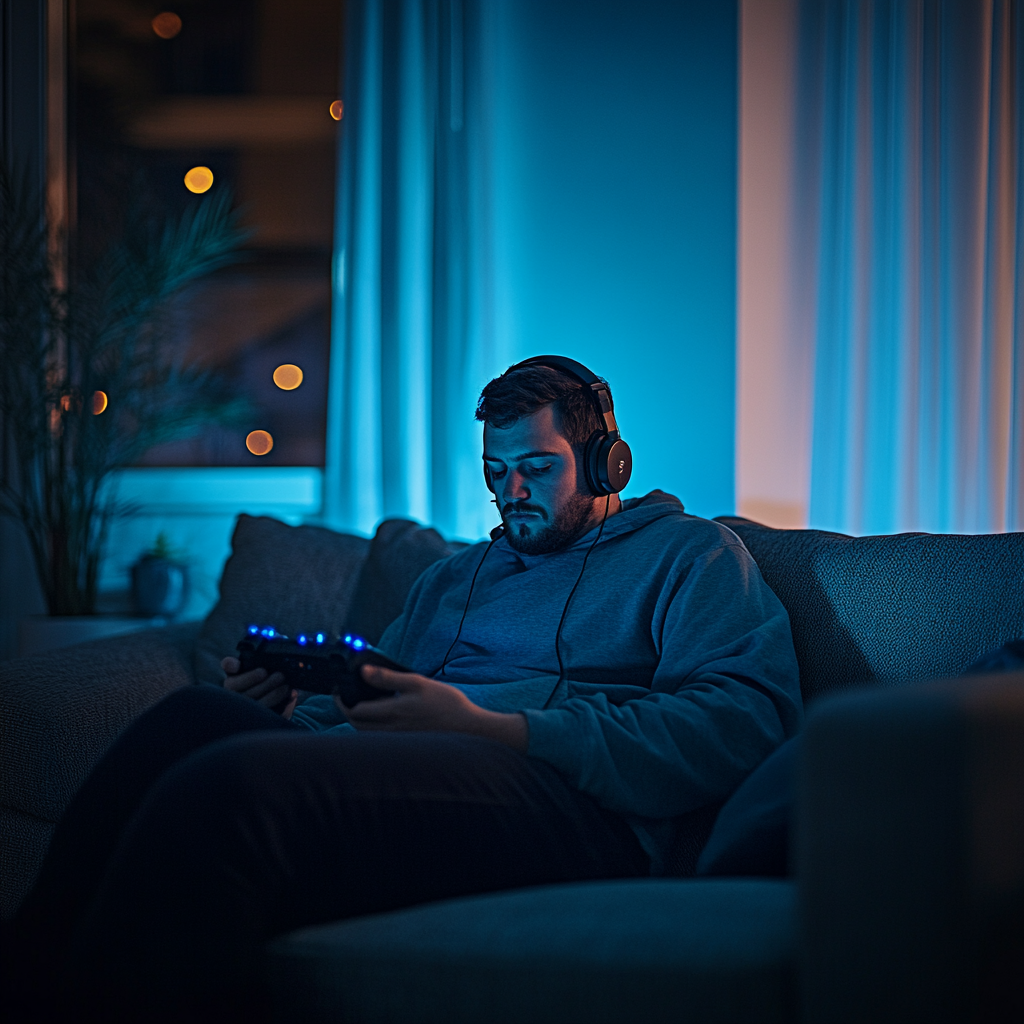 Man sitting on a couch, playing video games at night | Source: Midjourney