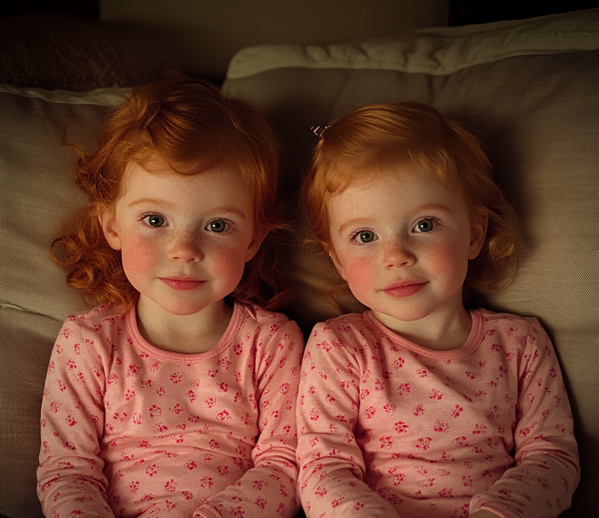 Twin girls sitting on a couch | Source: Midjourney