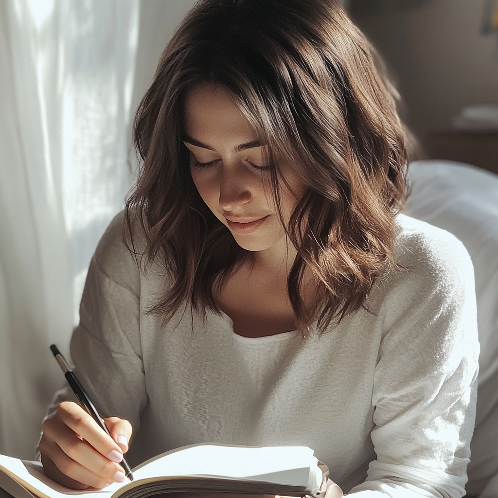 A young woman writing in a notebook | Source: Midjourney