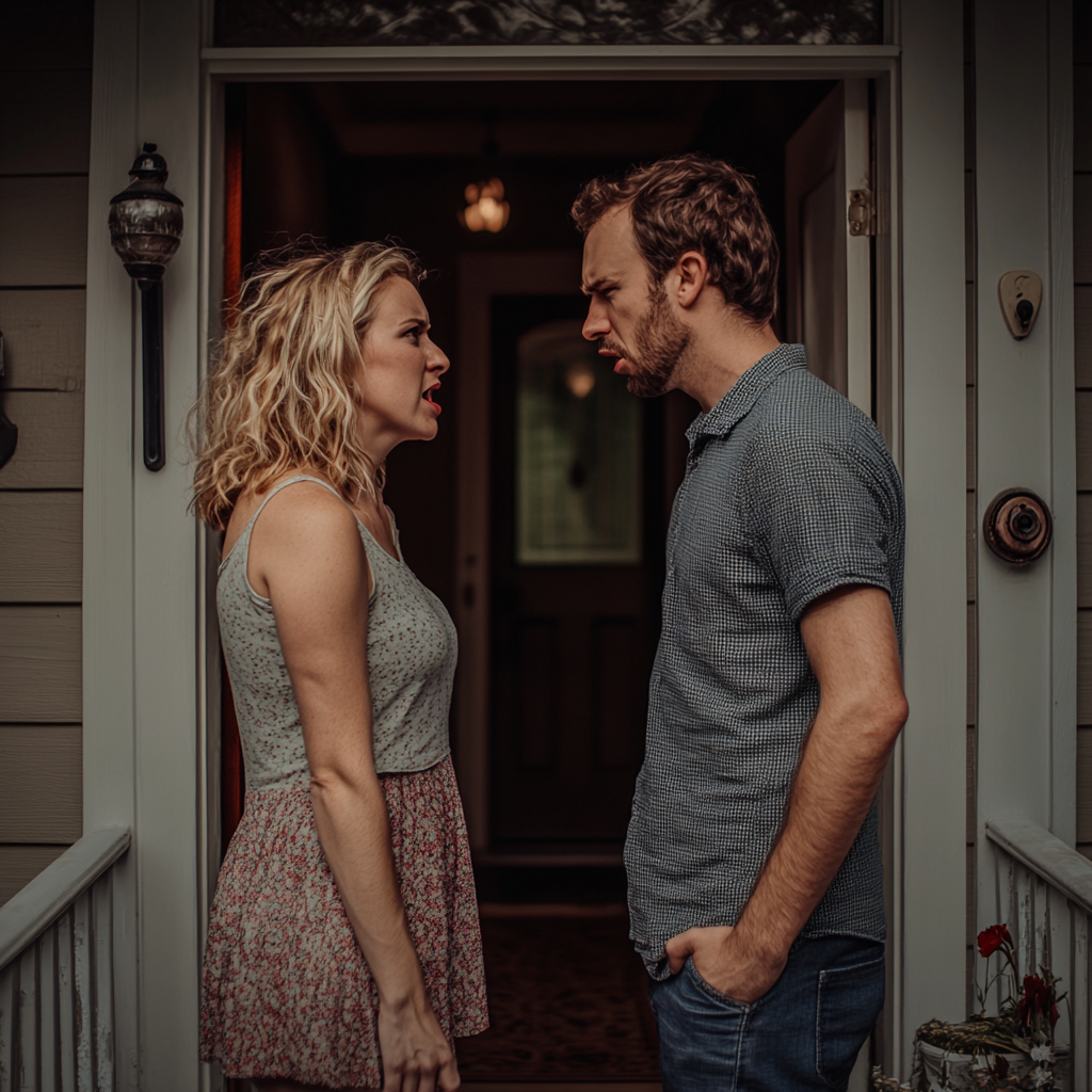 An angry couple on their porch | Source: Midjourney