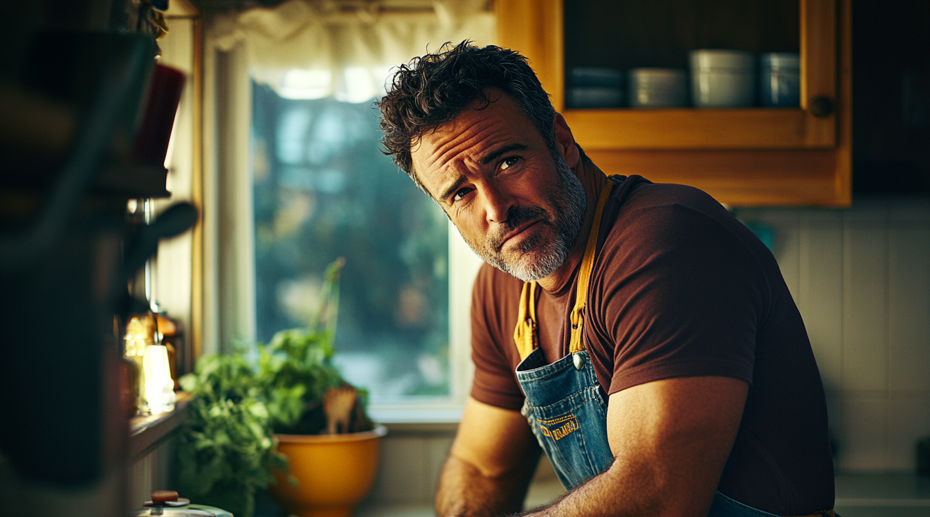 A man frowning while leaning on a counter | Source: Midjourney