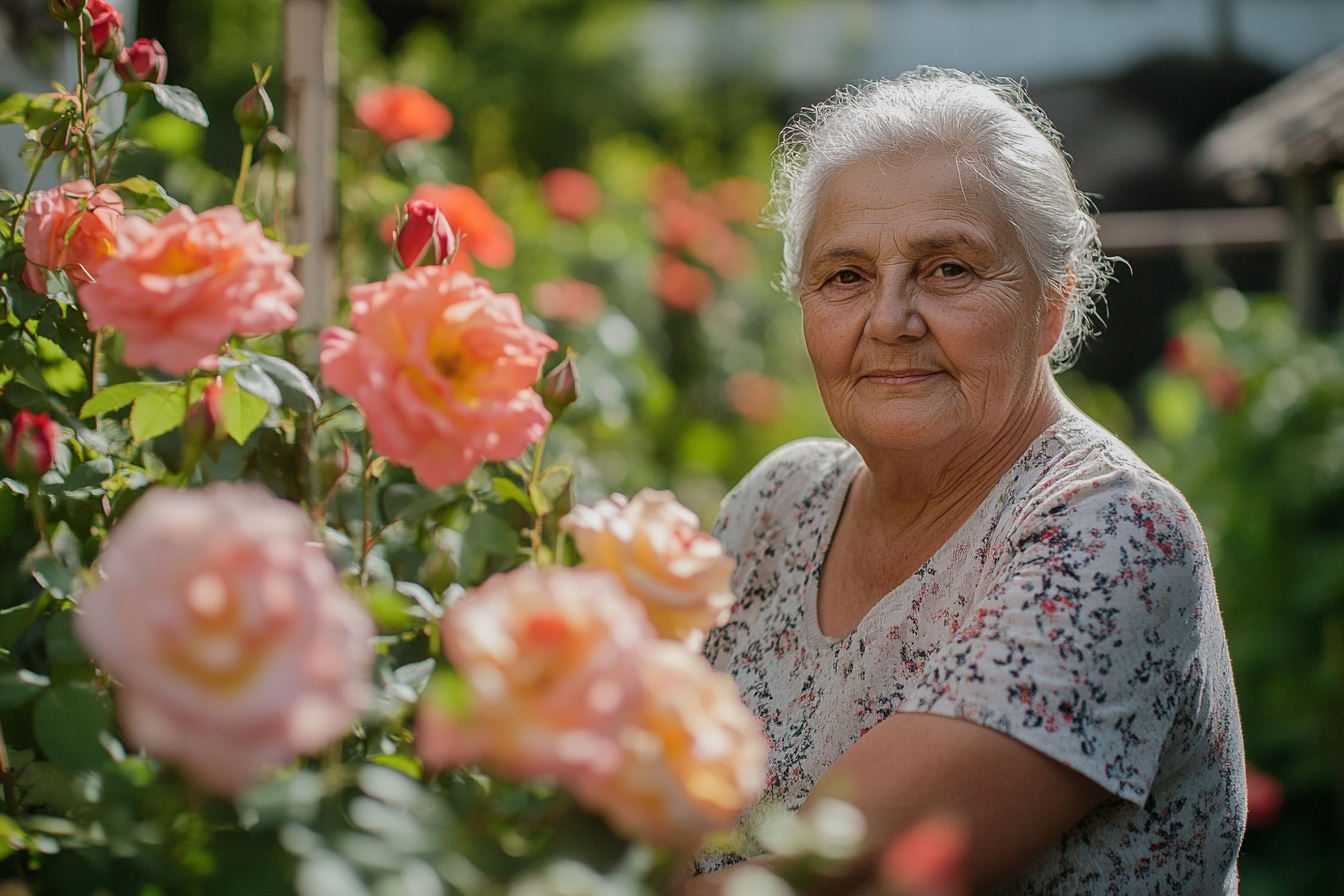 Una mujer cuidando sus rosas | Fuente: Midjourney