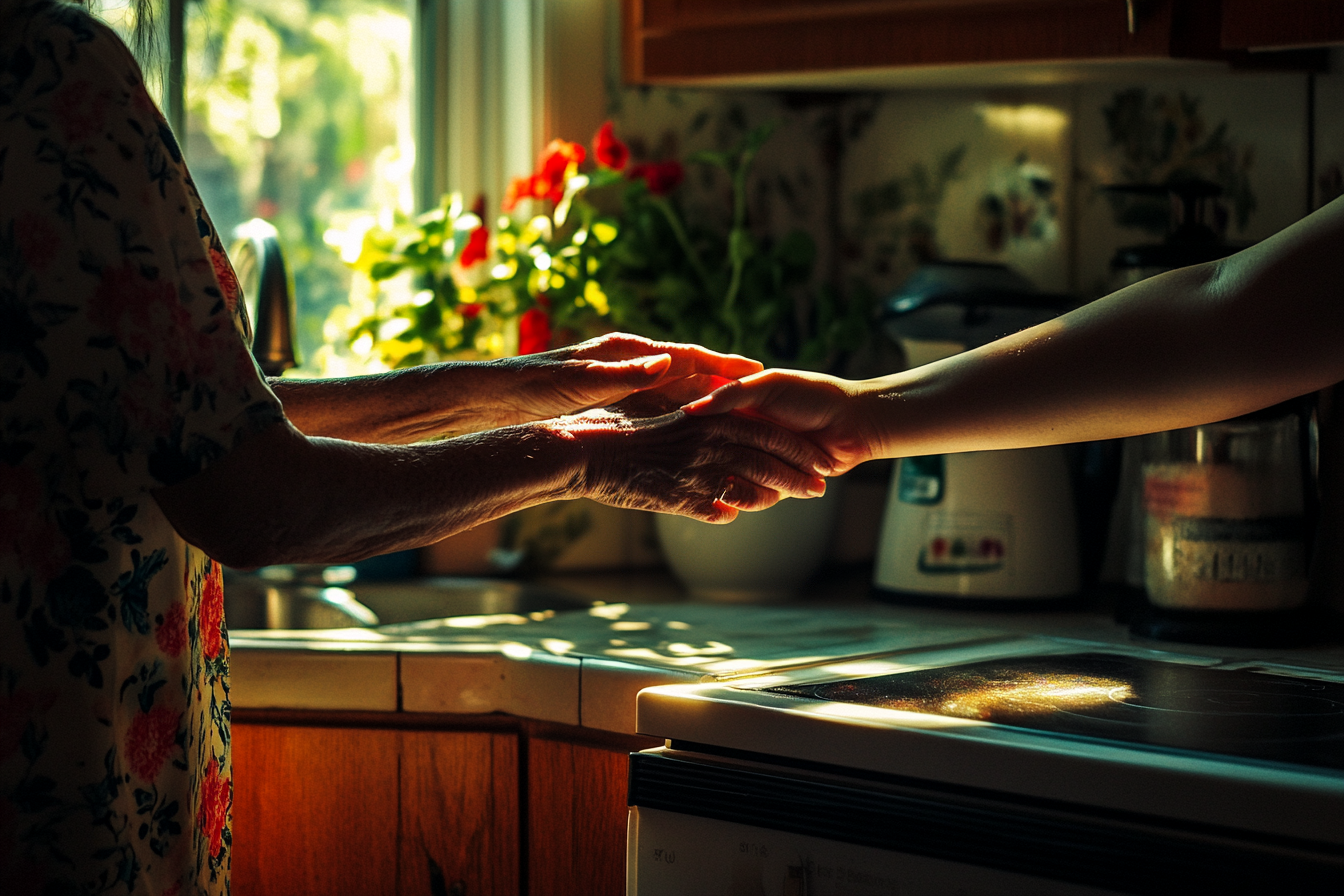 Woman in her 50s patting the hand of a woman in her 30s in the kitchen | Source: Midjourney