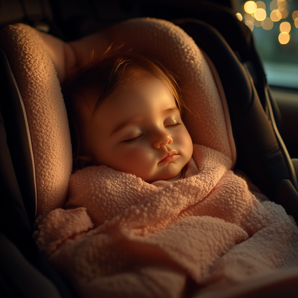 A baby fast asleep in a car seat | Source: Midjourney