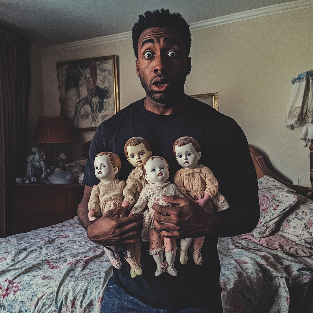 A man holding porcelain dolls | Source: Midjourney