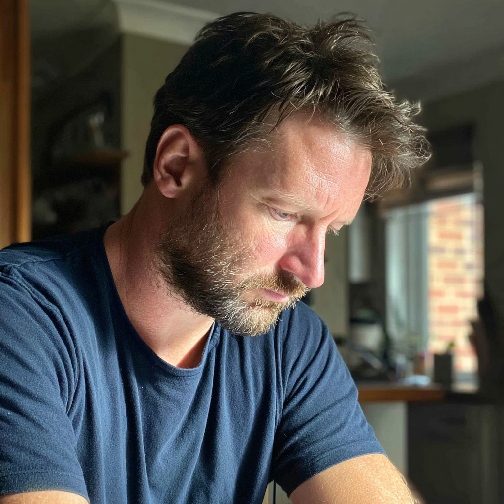 A pensive man looking down at a table | Source: Midjourney