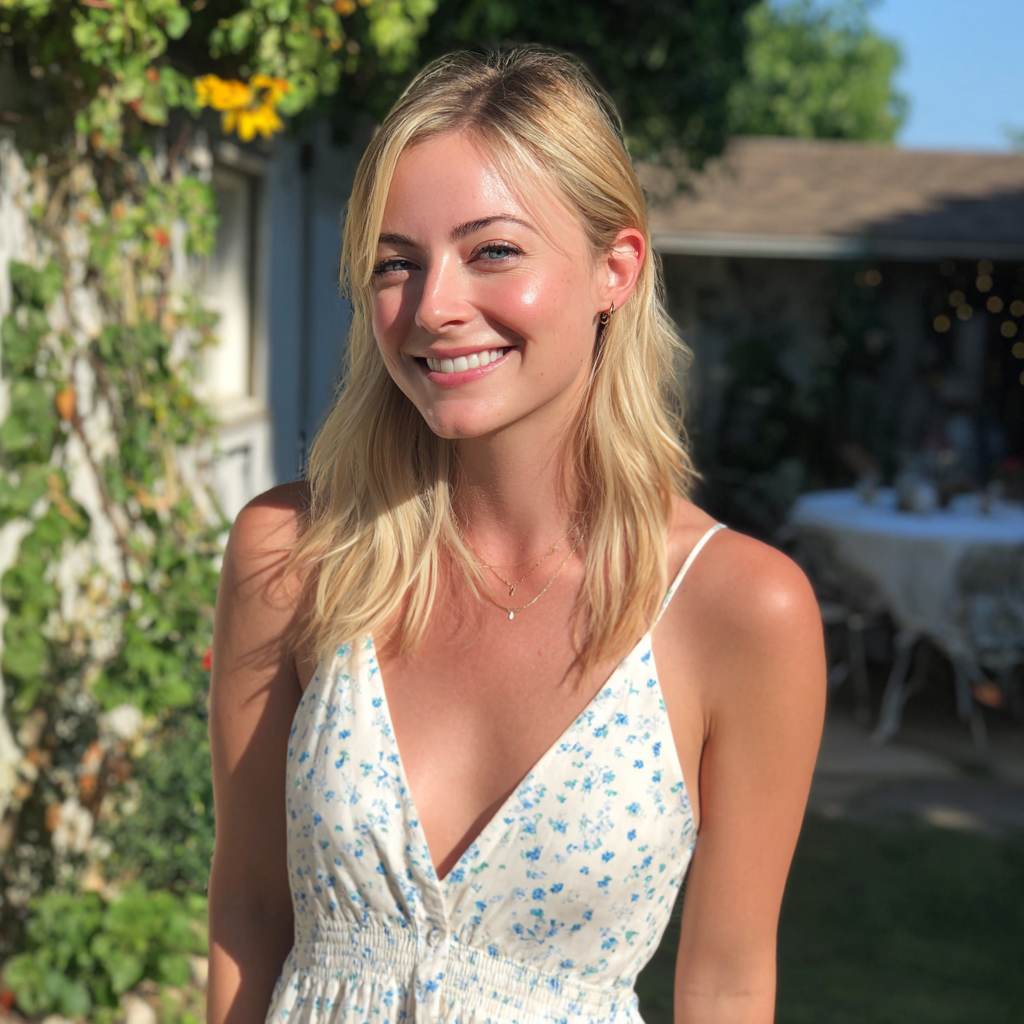 A smiling woman standing in a backyard | Source: Midjourney