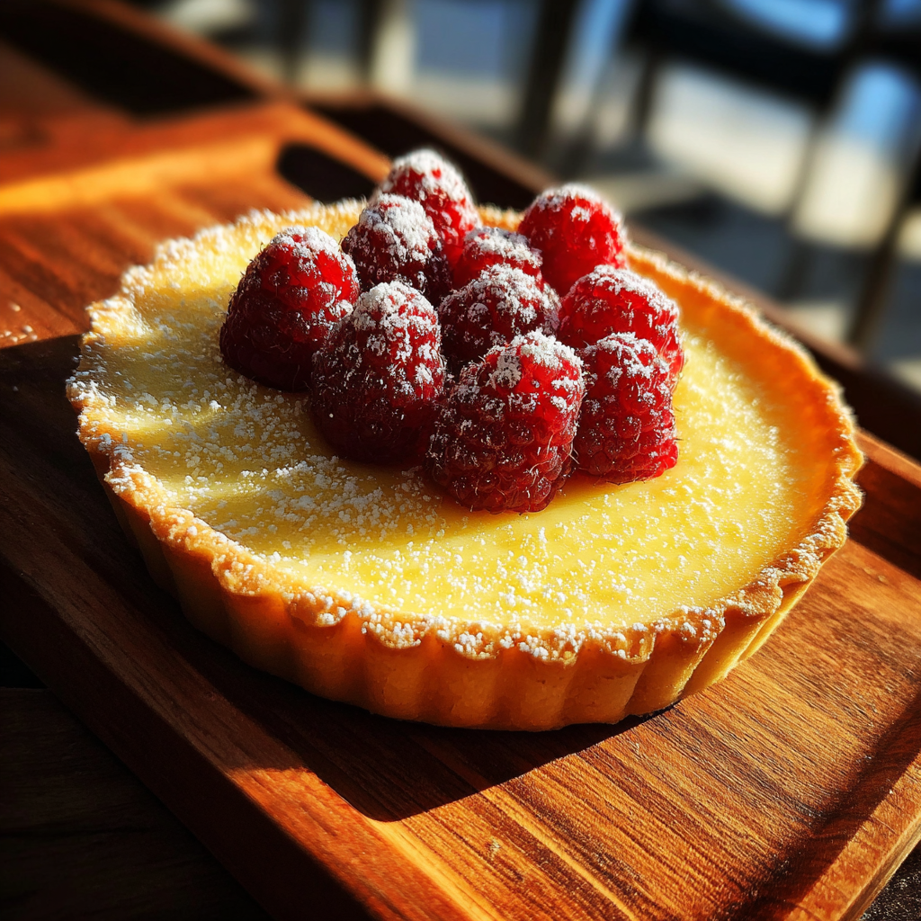 A lemon tart with sugared raspberries on a wooden tray | Source: Midjourney