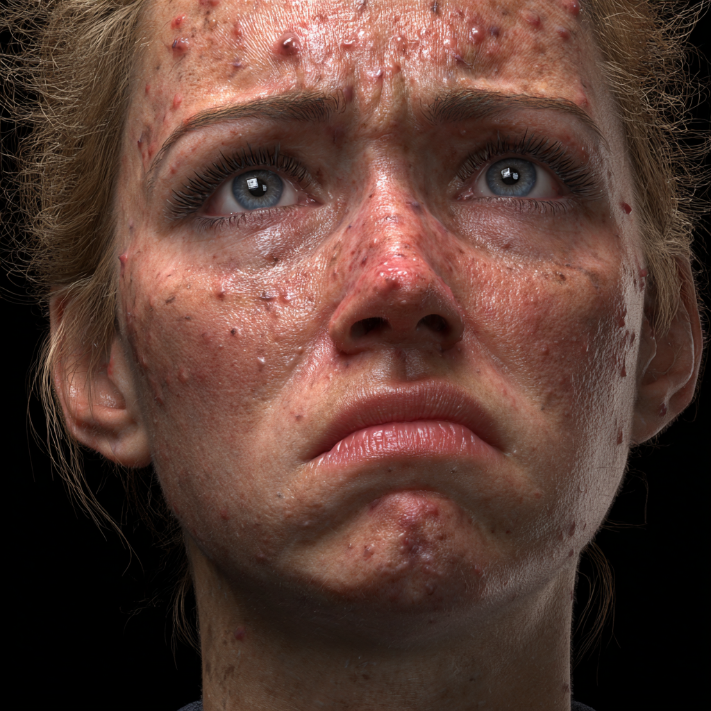 A distressed woman experiencing an allergic reaction on her face | Source: Midjourney