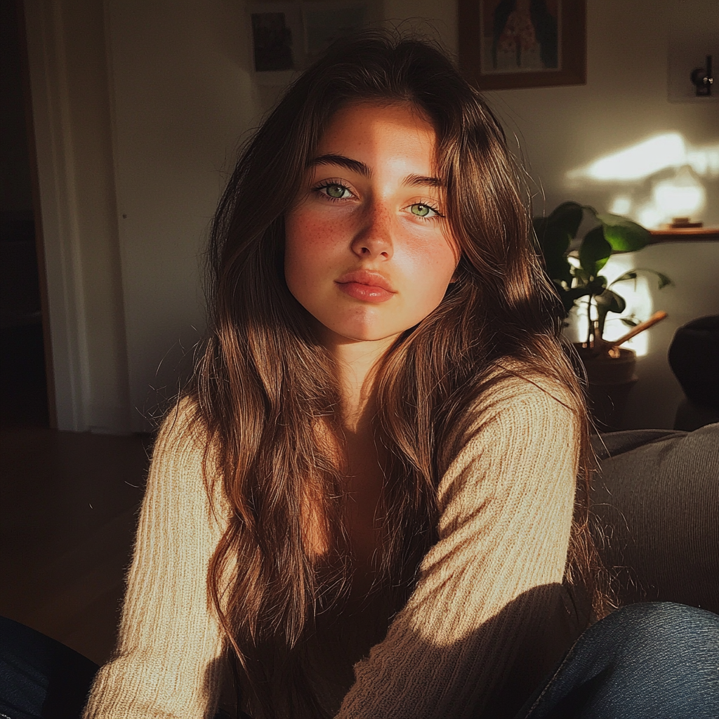 A teenage girl sitting in an apartment | Source: Midjourney