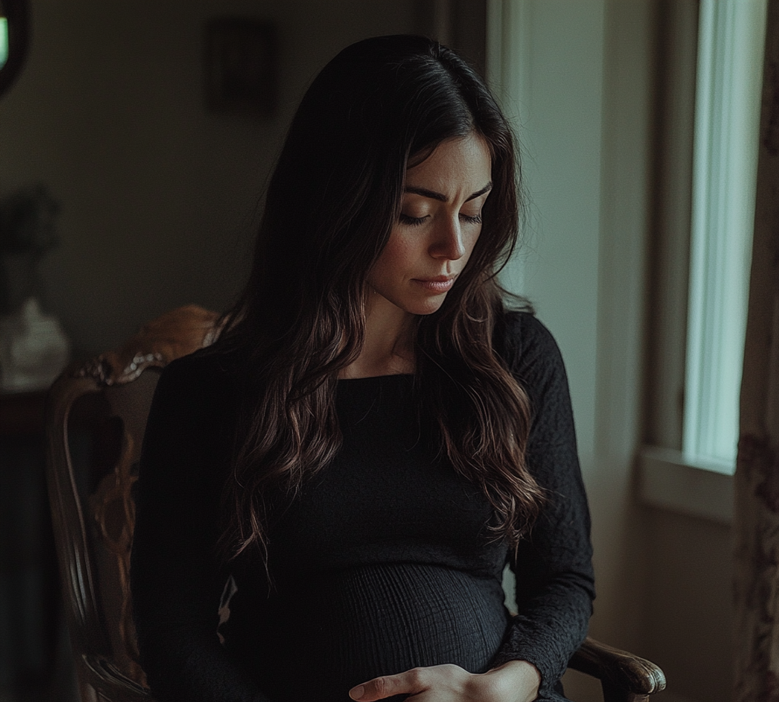 An upset woman holding her pregnant belly | Source: Midjourney