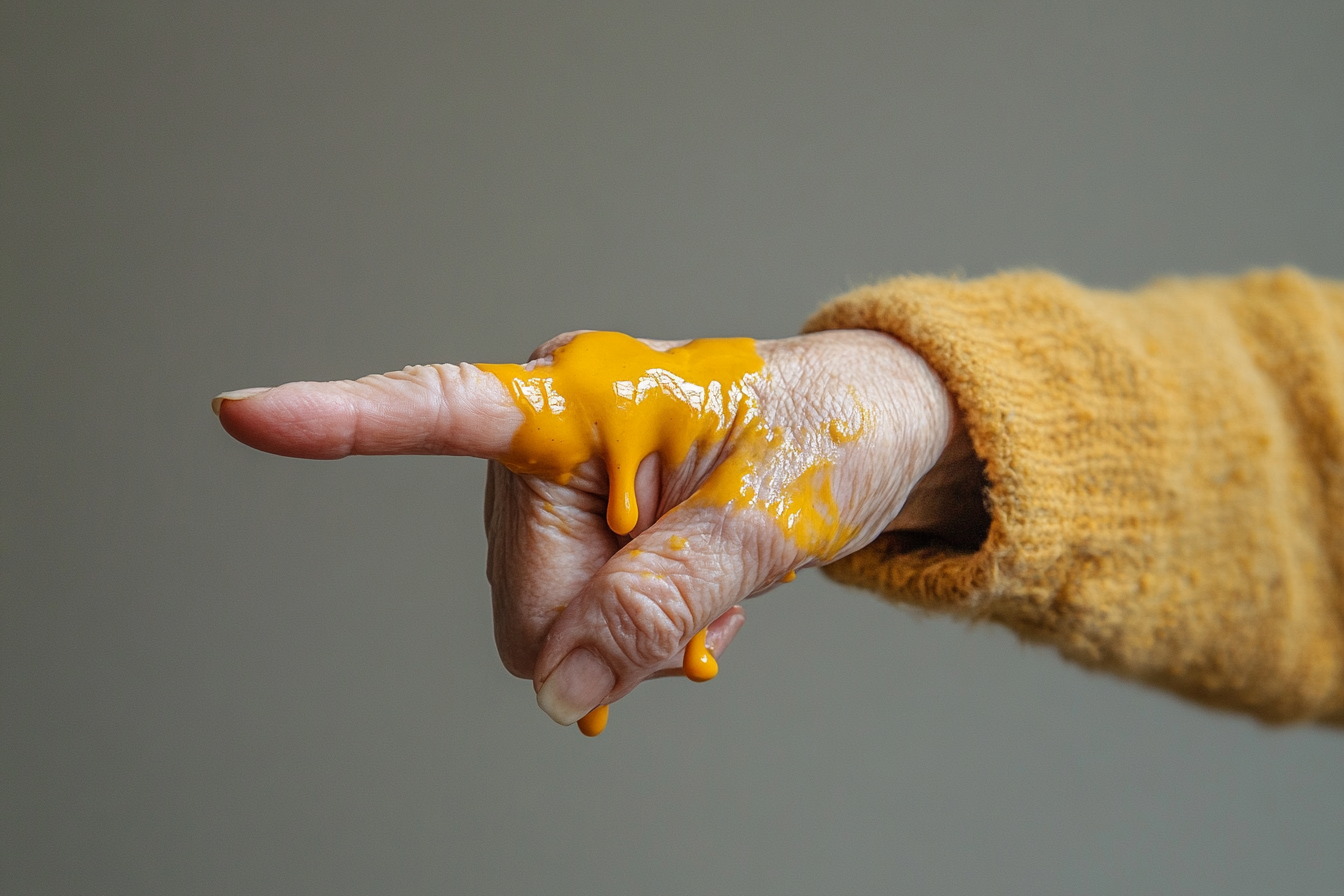 A woman with mustard on her hand pointing her finger | Source: Midjourney