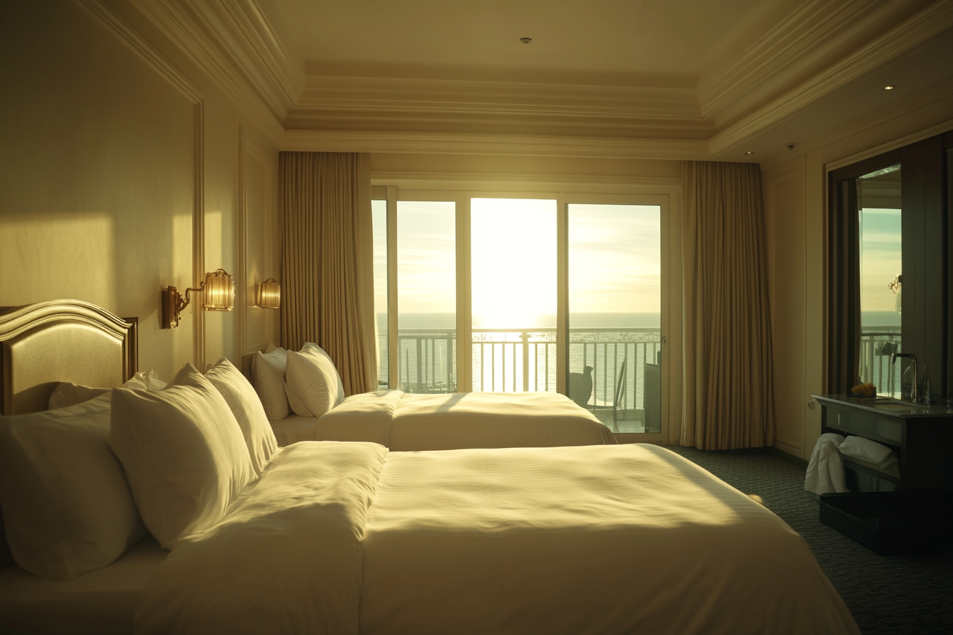 A tidy resort hotel room with two beds | Source: Midjourney