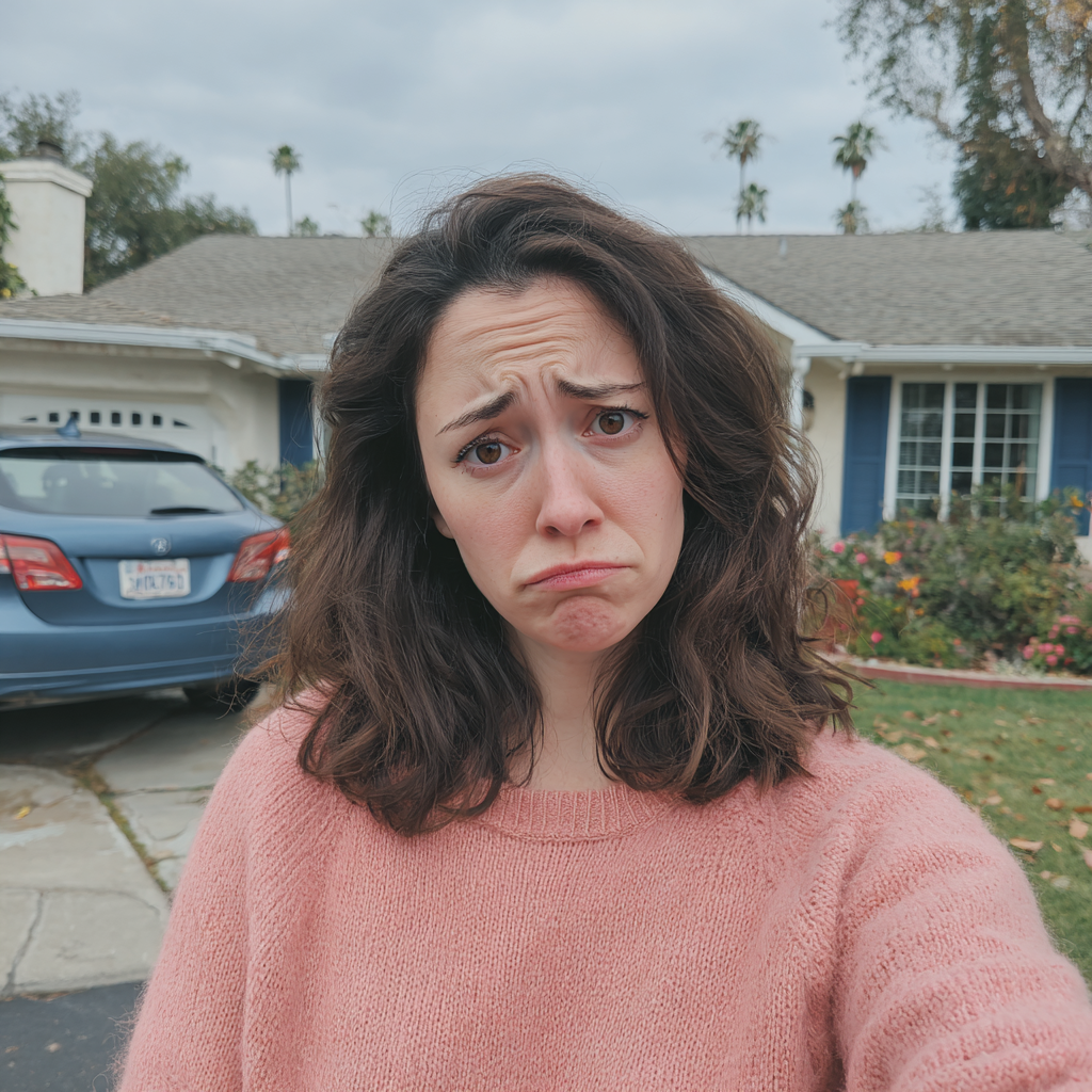 An upset woman standing outside a house | Source: Midjourney