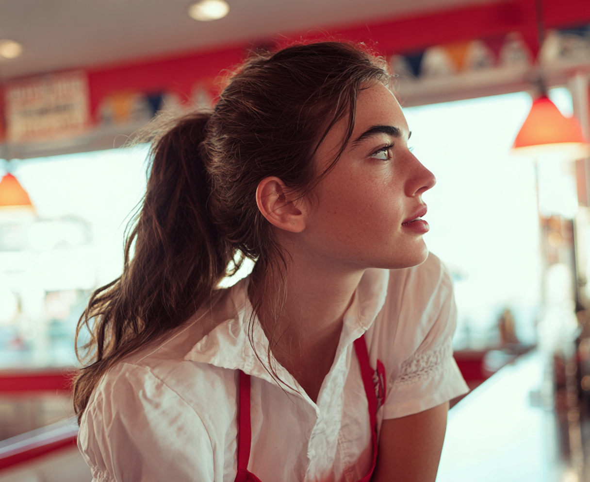 A woman leaning against a diner counter | Source: Midjourney