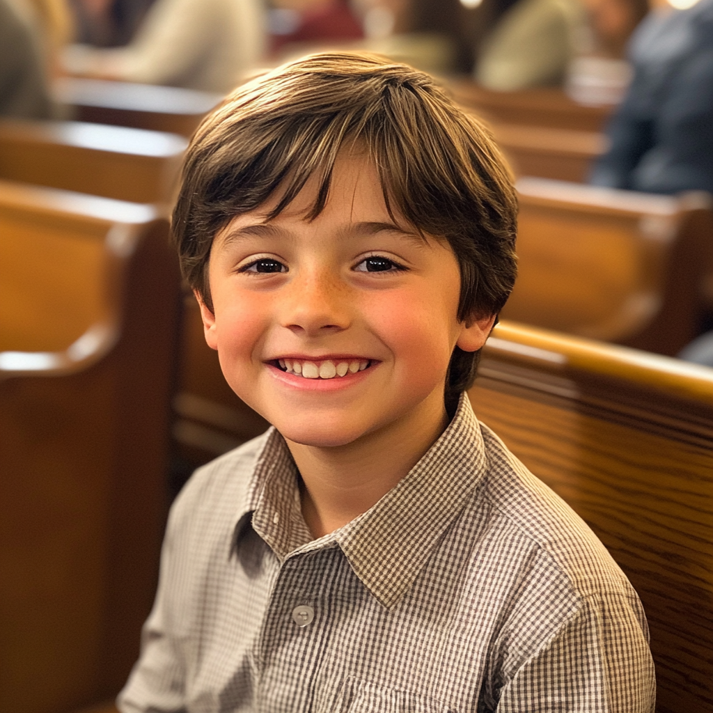A smiling little boy sitting in a church pew | Source: Midjourney