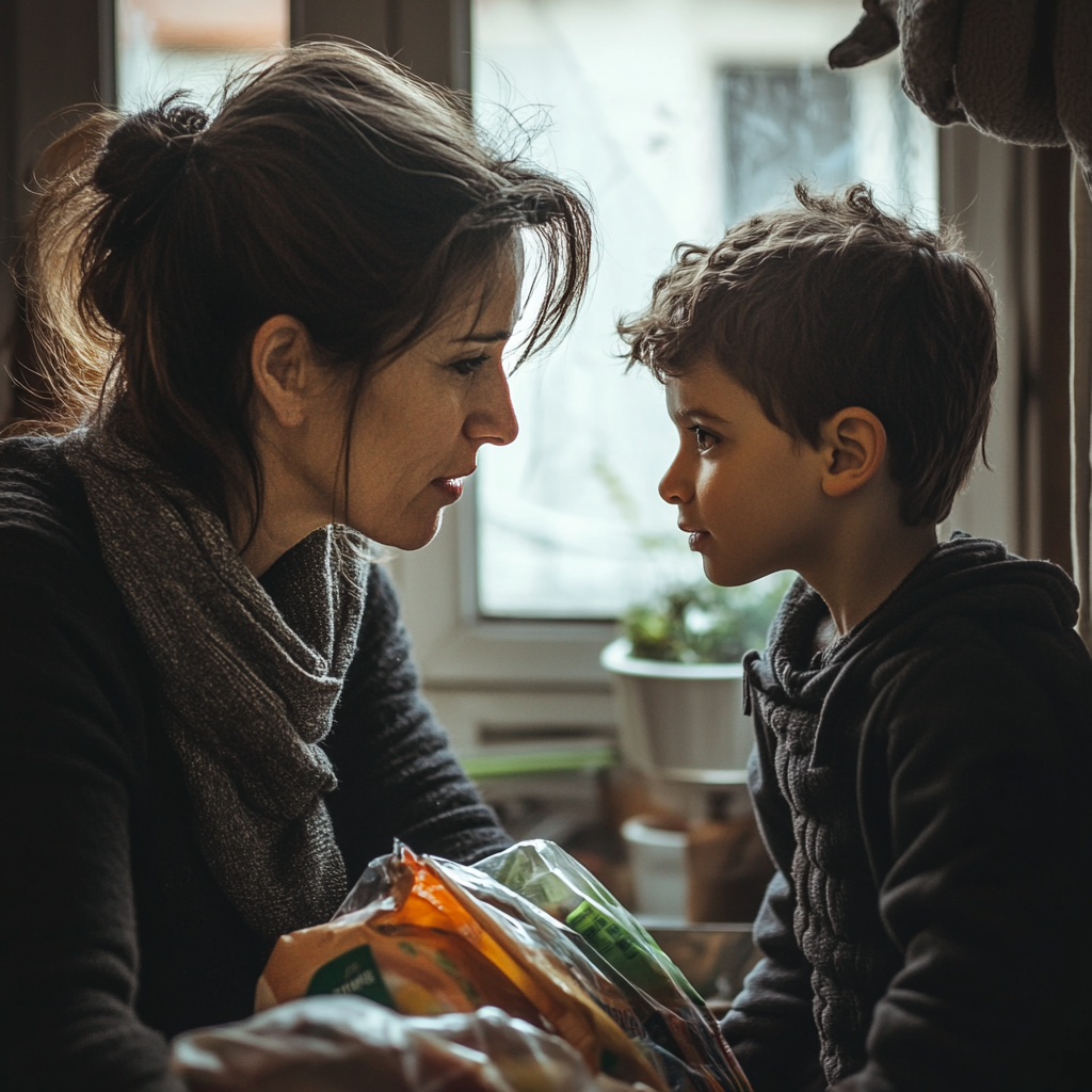 An empathetic woman handing a bag of groceries to a young boy | Source: Midjourney