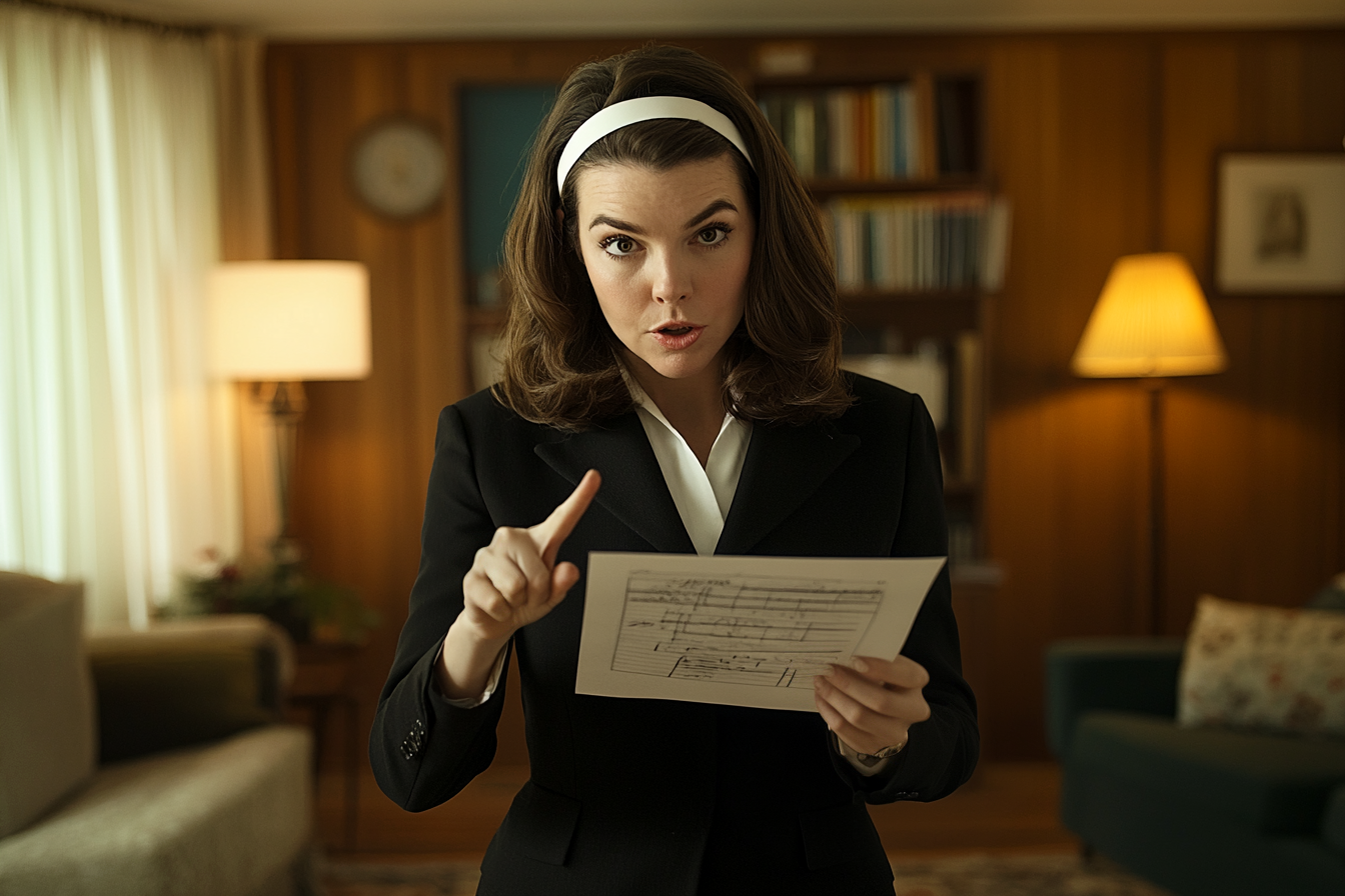 Woman in her 30s pointing at a piece of paper in her hands in the living room | Source: Midjourney