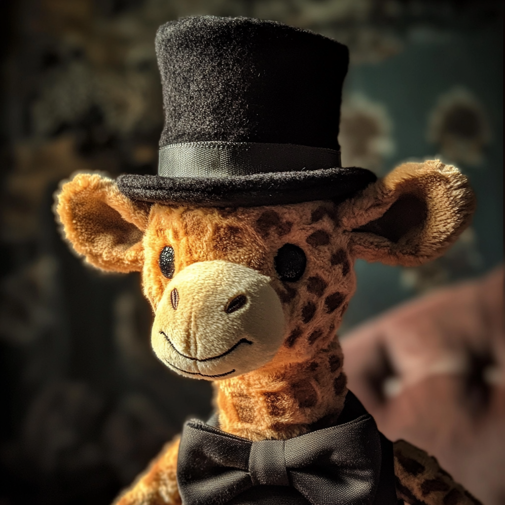 A stuffed giraffe wearing a top hat | Source: Midjourney