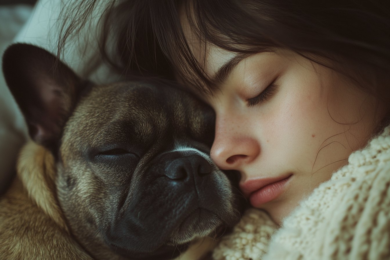 Sad woman lying in bed next to her dog | Source: Midjourney