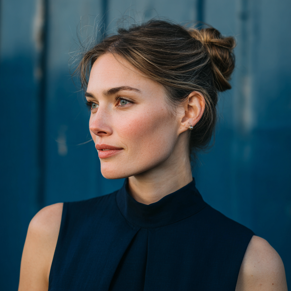 A smiling woman with her hair in a bun | Source: Midjourney