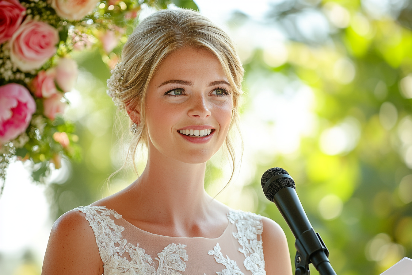 A bride speaking into a microphone | Source: Midjourney