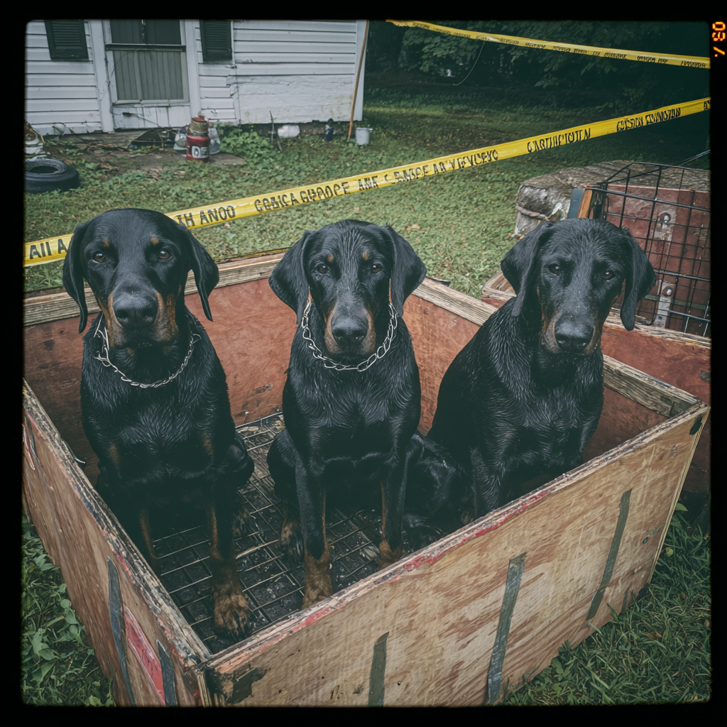Three dogs sitting in a wooden crate | Source: Midjourney