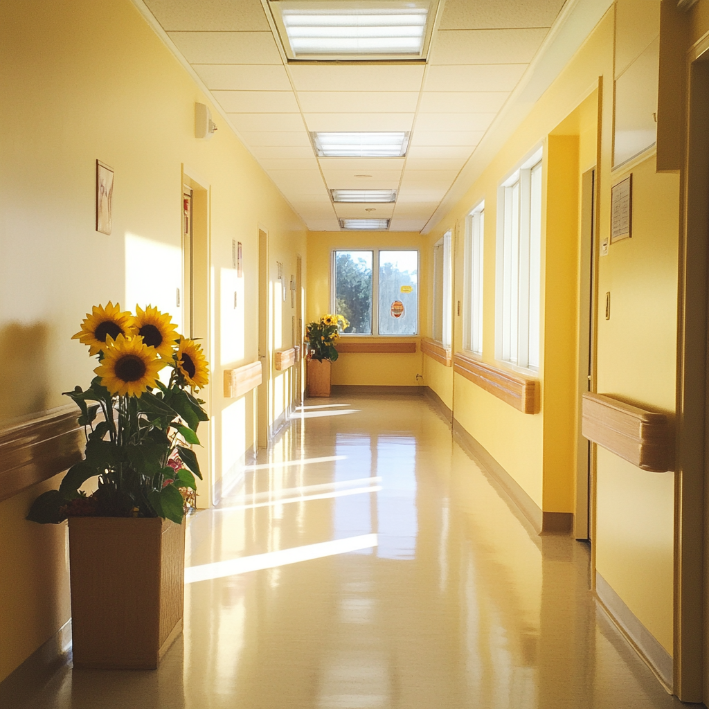 A hallway at a care facility | Source: Midjourney