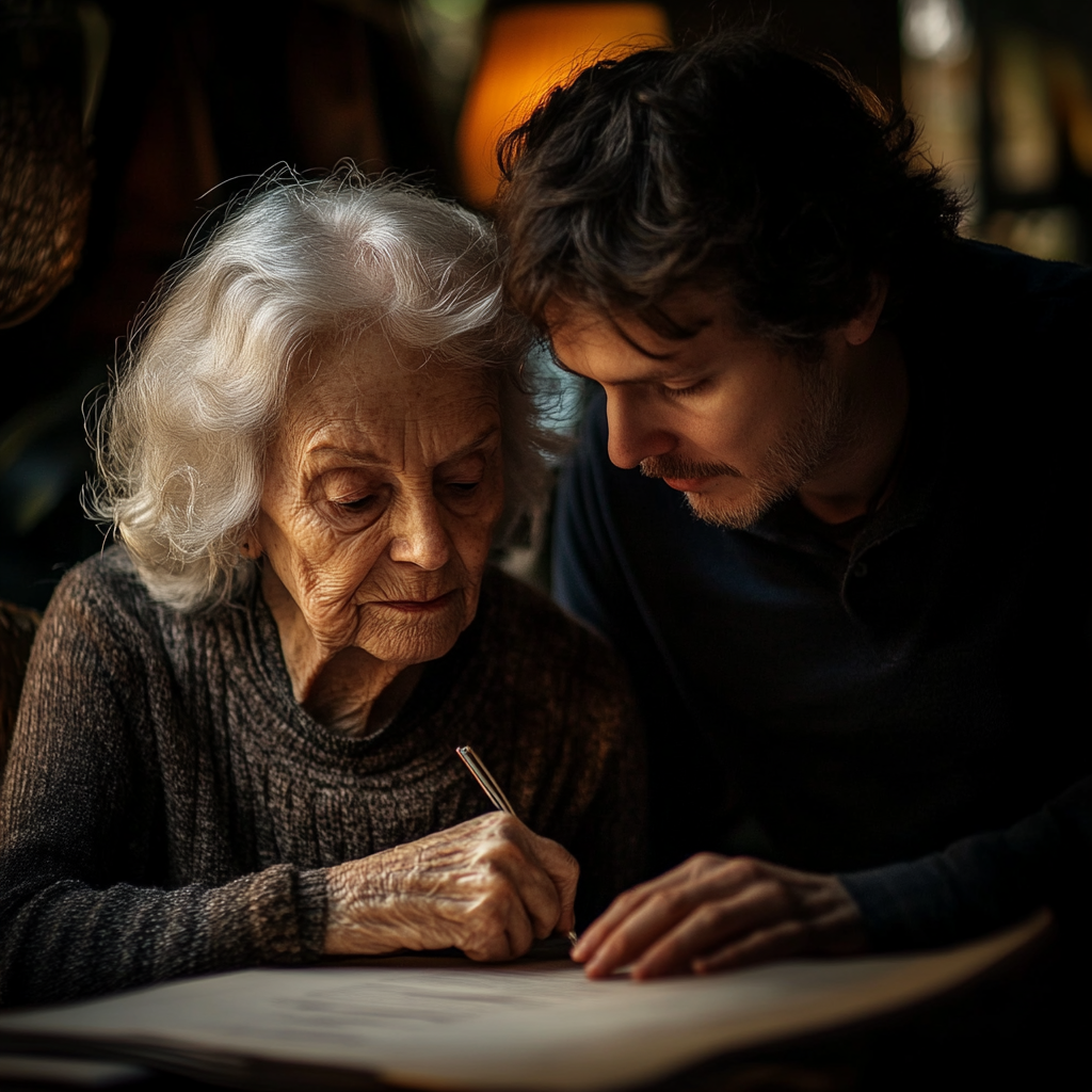 A senior woman signing a document while her grandson watches | Source: Midjourney