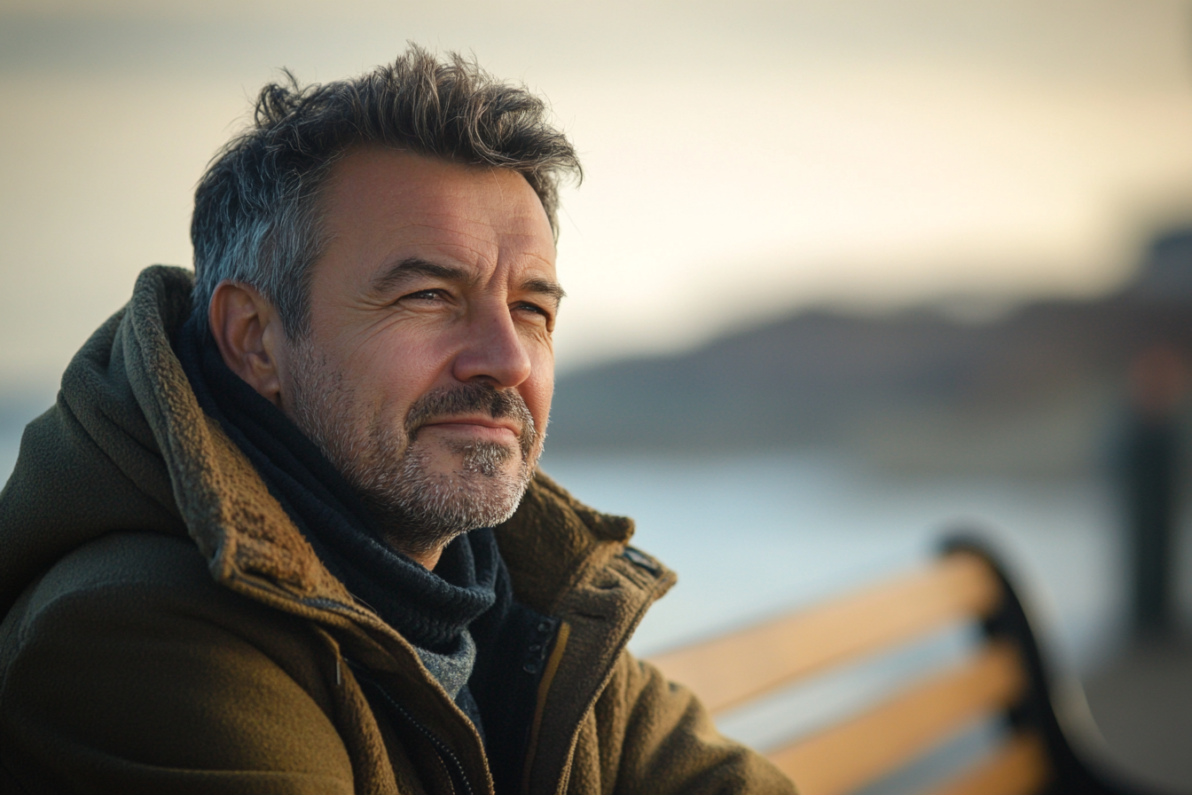 A man on a bench near the beach with a serious expression | Source: Midjourney