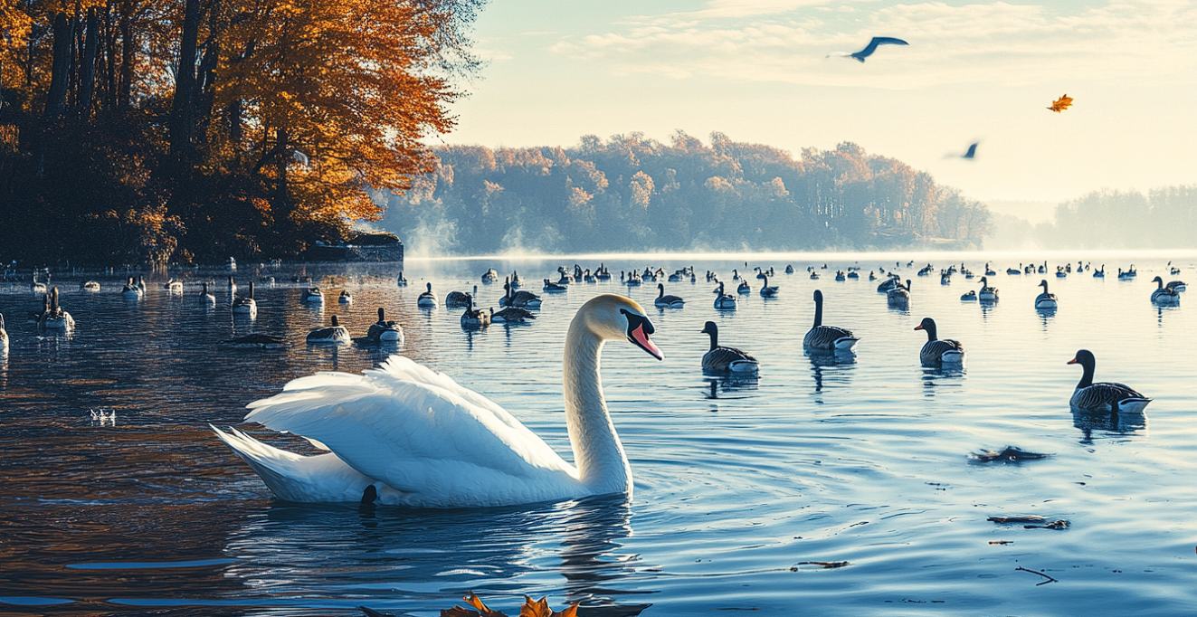 A swan swimming on a lake with other waterfowl | Source: Midjourney