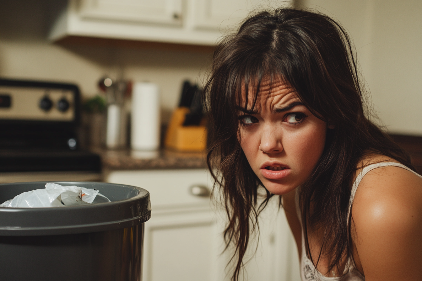 A woman leaning over near a trash can while frowning | Source: Midjourney