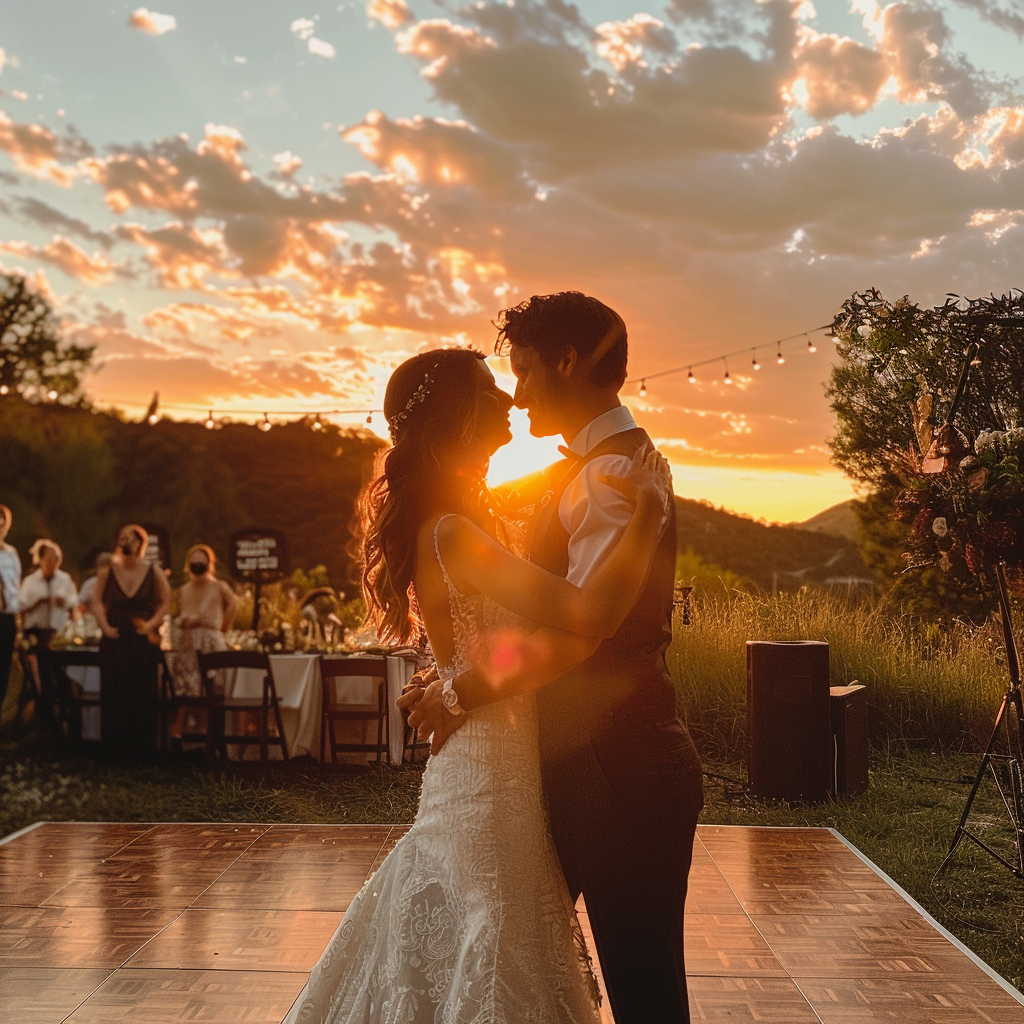 Bride and groom dancing during golden hour | Source: Midjourney