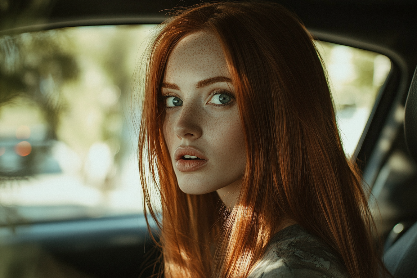 A woman sitting in the passenger seat of a car, looking surprised and upset | Source: Midjourney