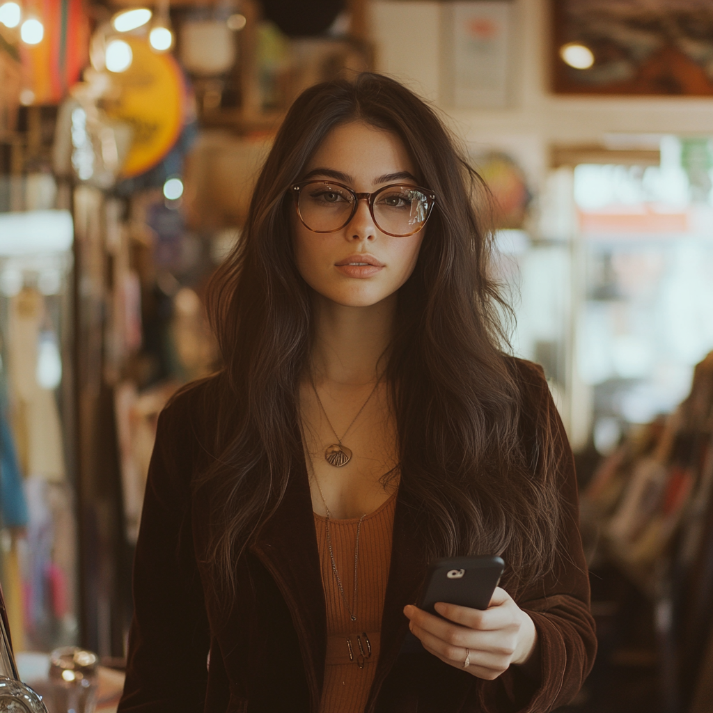 A young woman holding her phone | Source: Midjourney