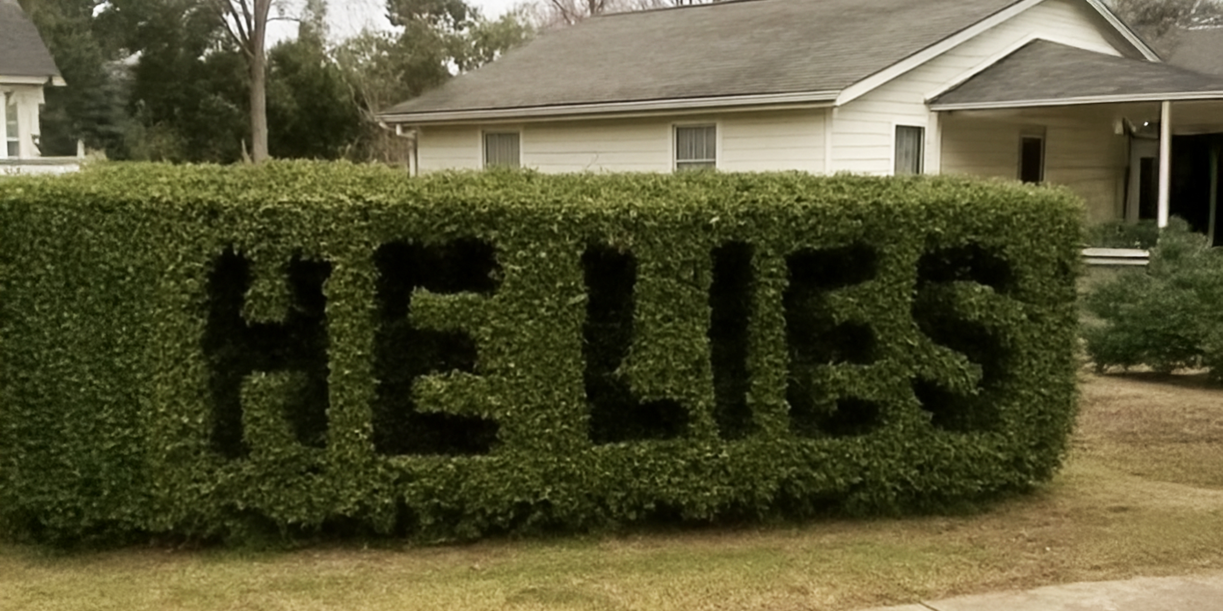 The words "HE LIES" carved into a large, neatly trimmed hedge in front of a suburban house | Source: The Celebritist