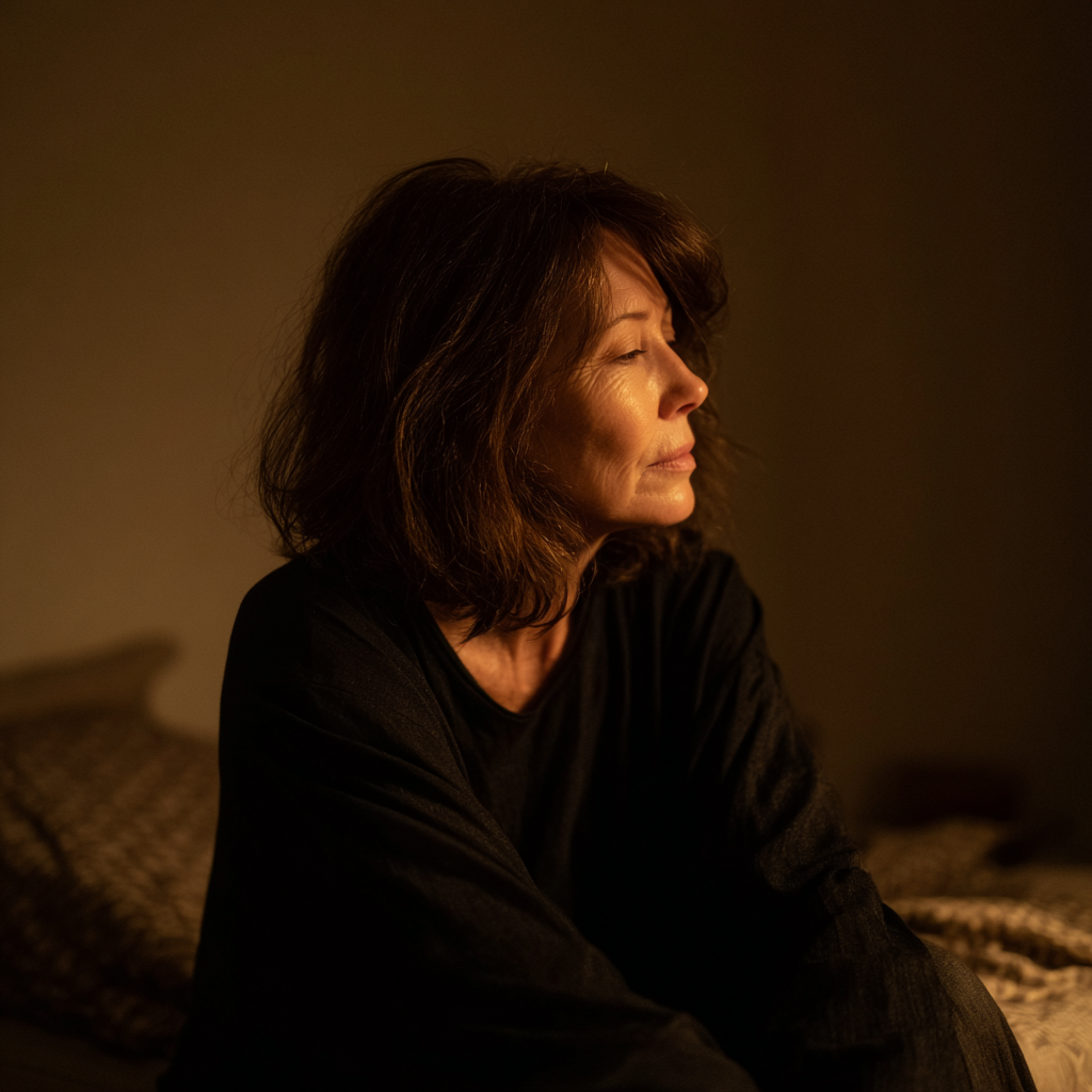 A woman sitting on her bed at night | Source: Midjourney