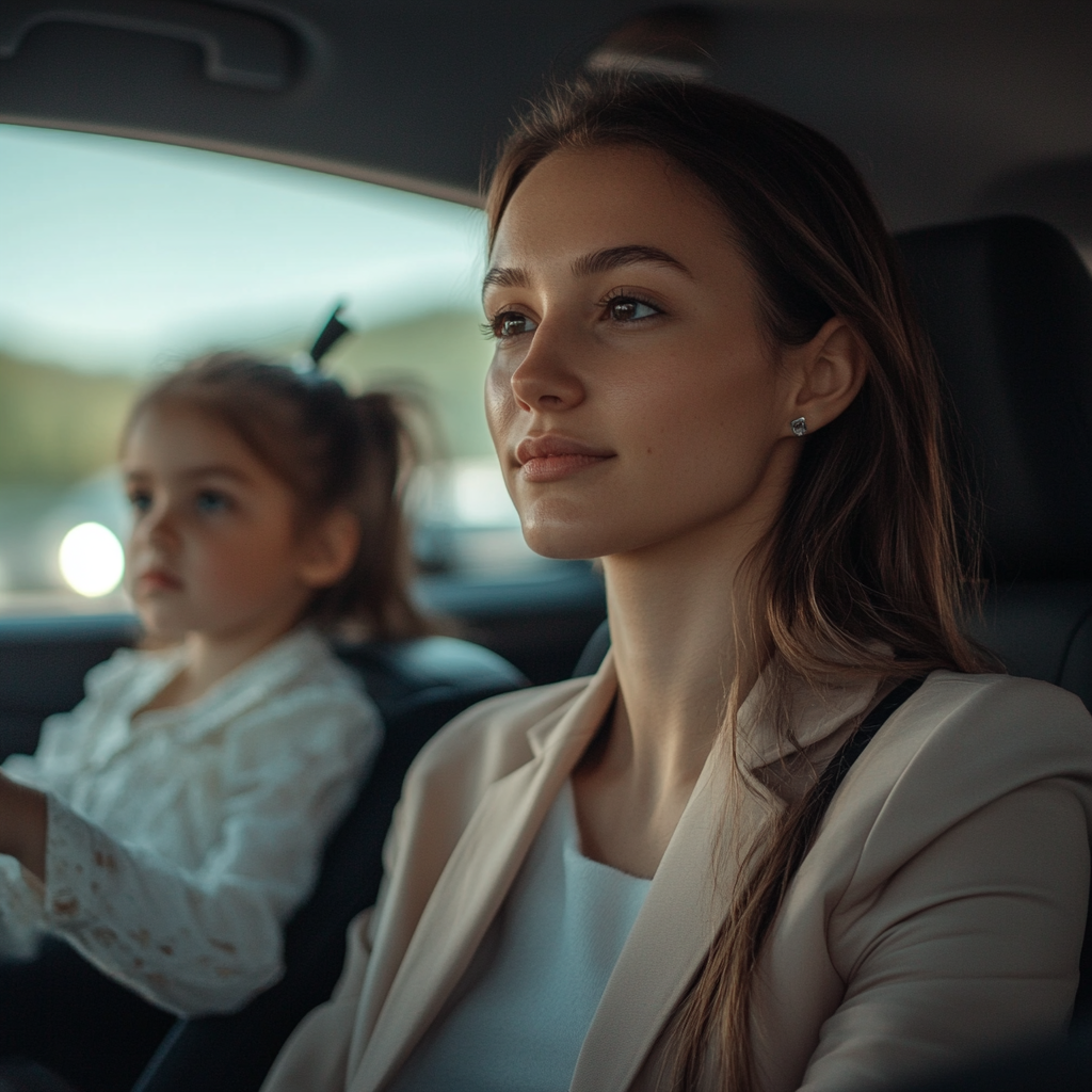 Young woman and a little girl in the car | Source: Midjourney