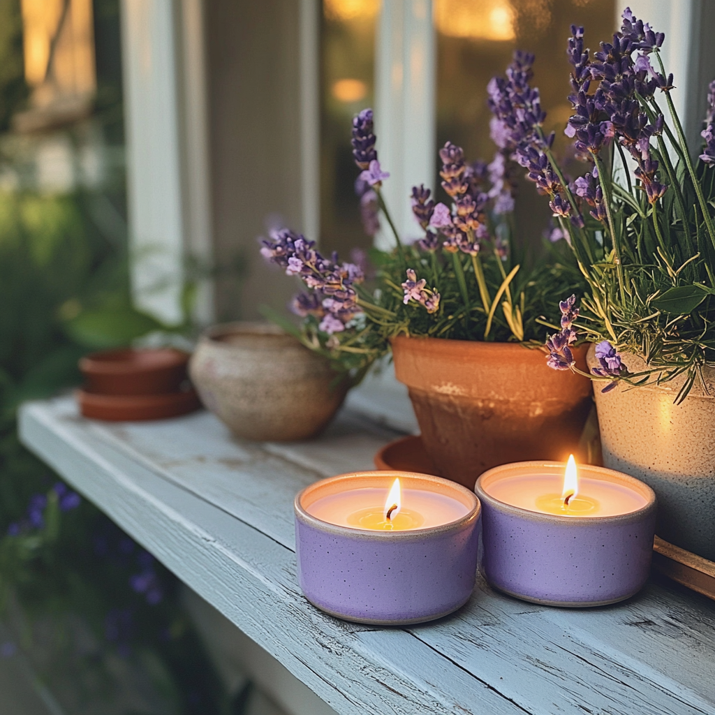 Lavender candles on a table | Source: Midjourney