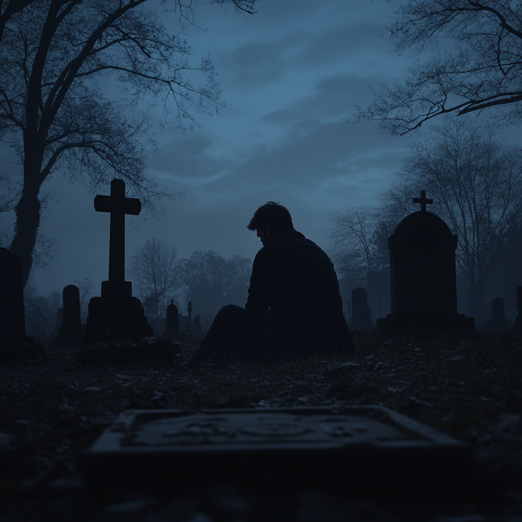 A man sitting in a cemetery | Source: Midjourney