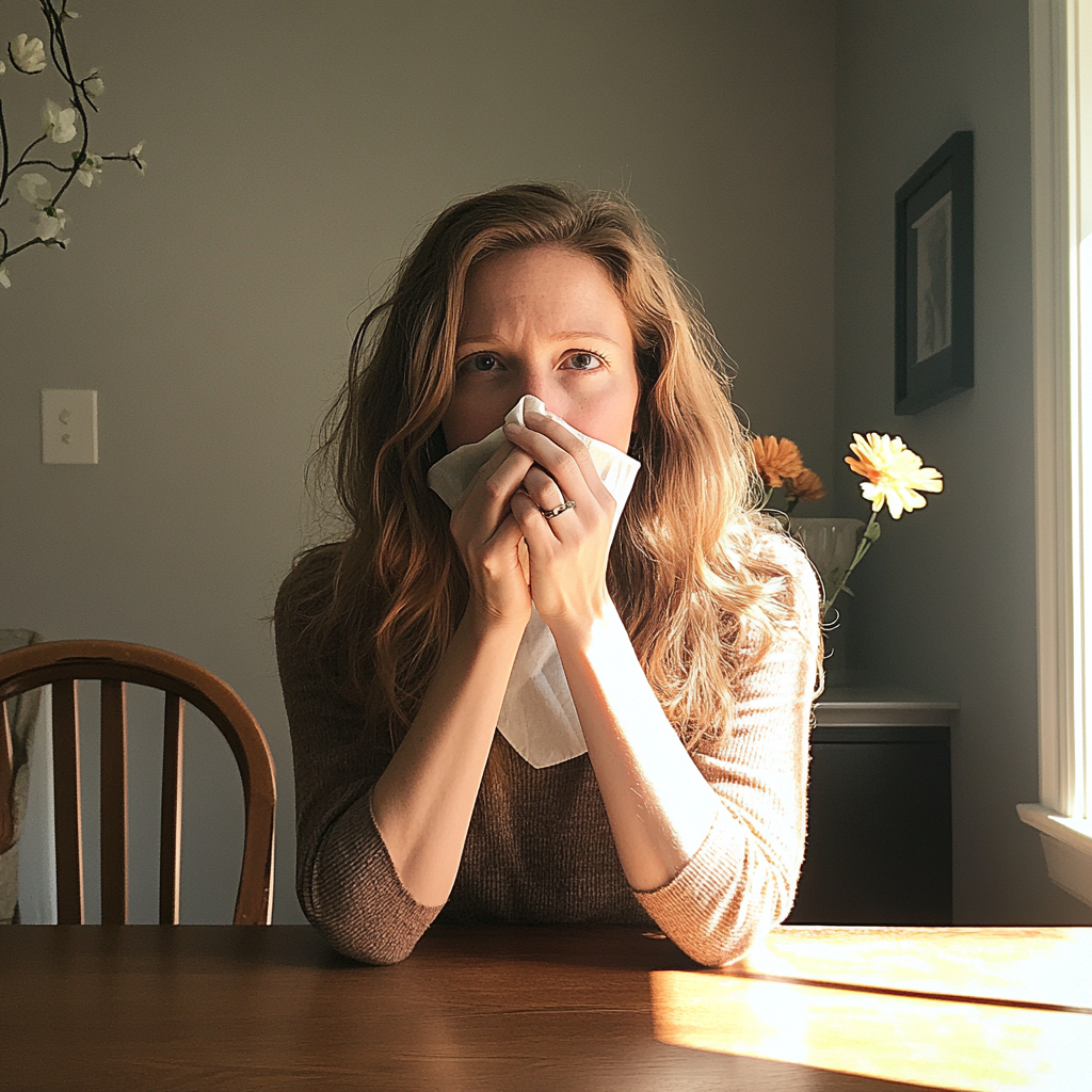 A woman holding a napkin to her mouth | Source: Midjourney