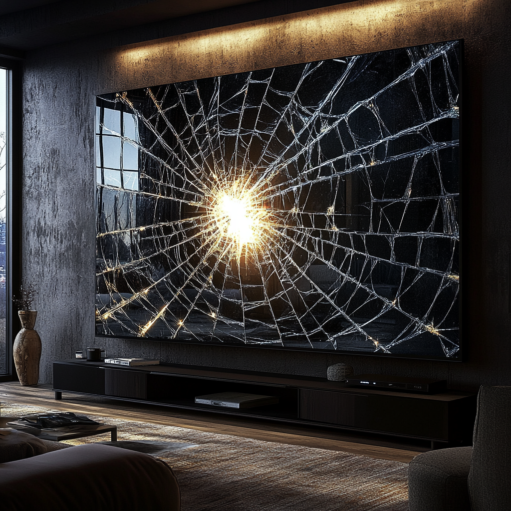 A broken TV screen with a spiderweb-like crack | Source: Midjourney