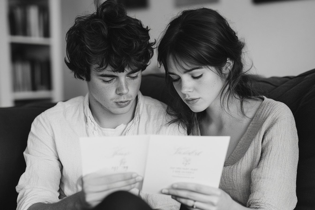 Couple looking at a wedding invitation card | Source: Midjourney